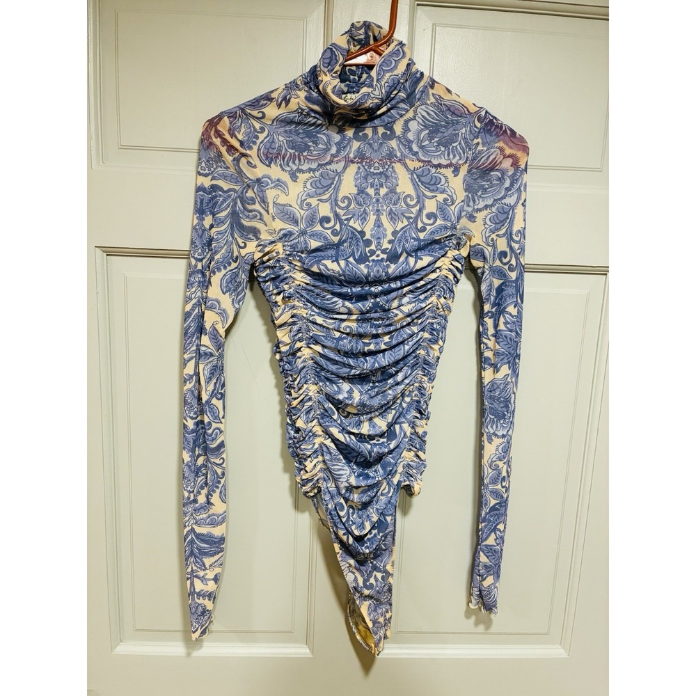 Intimately Free People Purple Floral Ruched Mesh Mock Neck Women Bodysuit XS